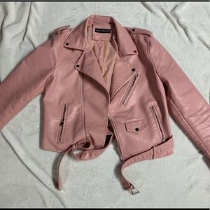 Pink leather jacket.